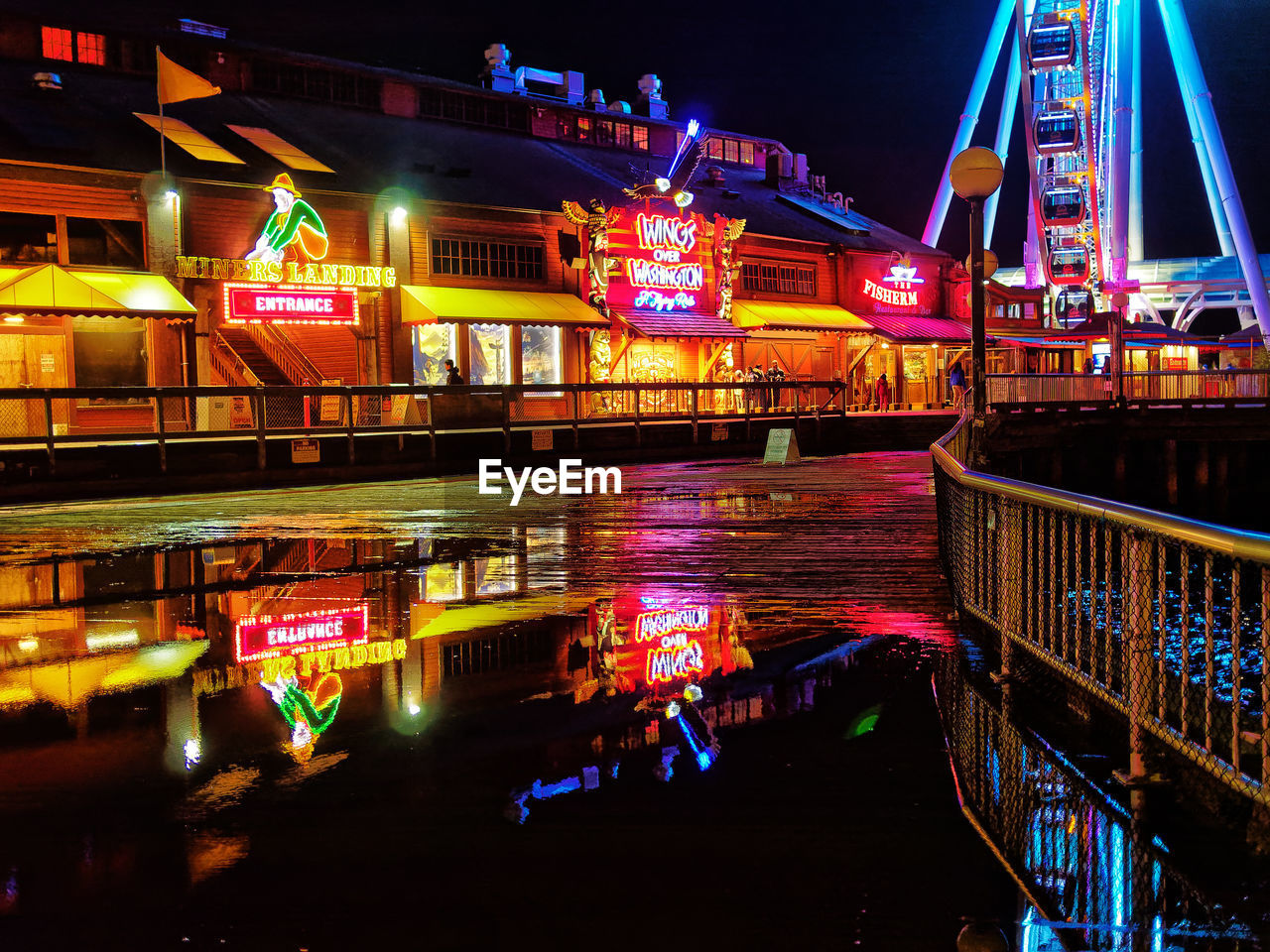 REFLECTION OF ILLUMINATED BUILDING IN WATER