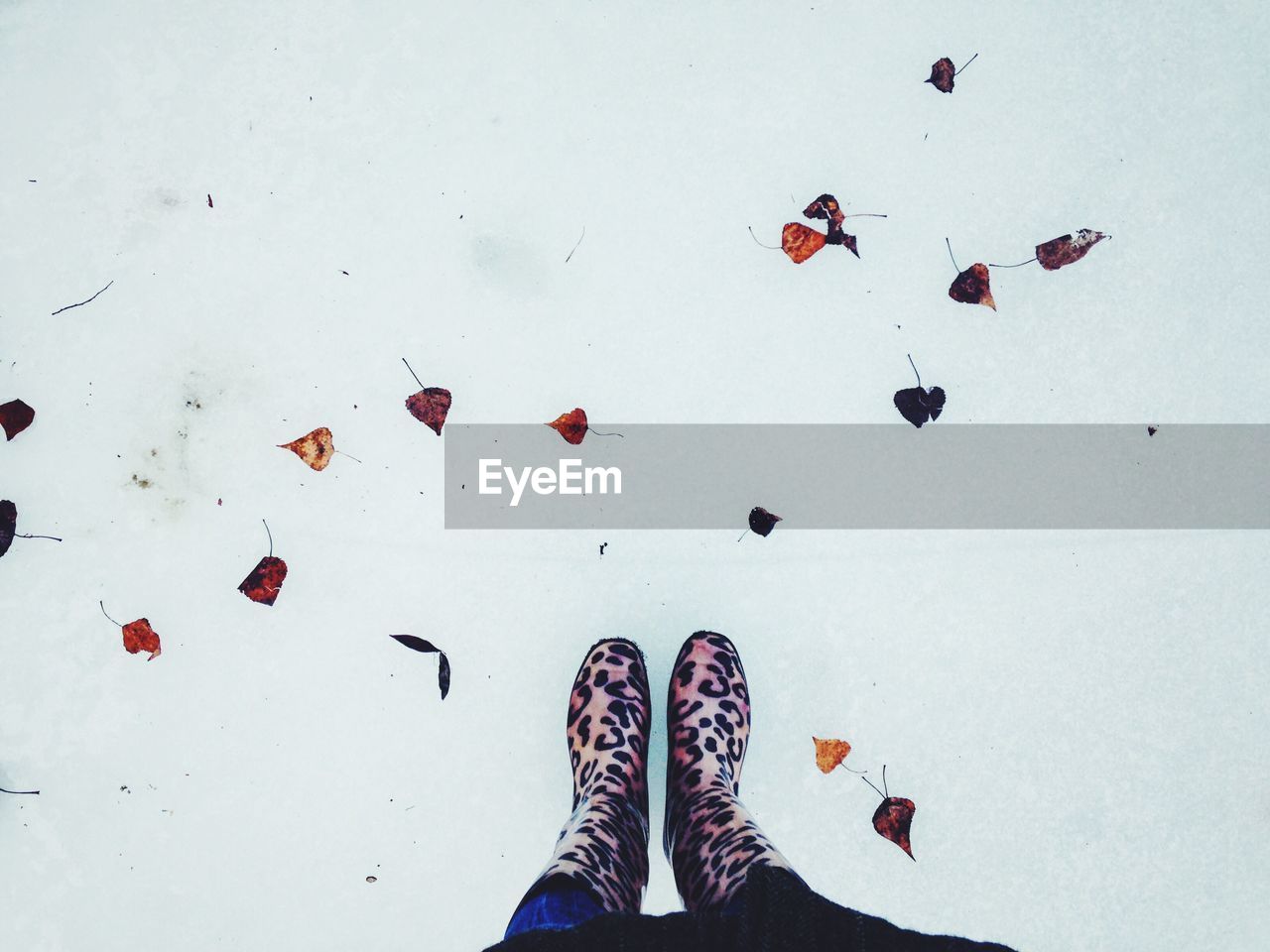 HIGH ANGLE VIEW OF PERSON STANDING IN SNOW