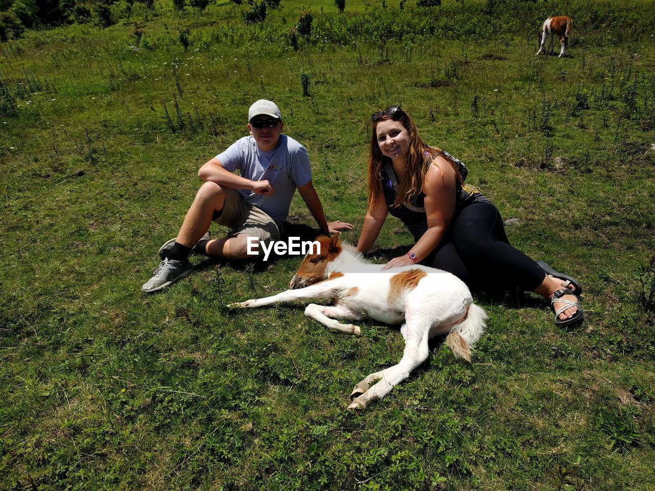 FULL LENGTH OF YOUNG WOMAN SITTING WITH DOG