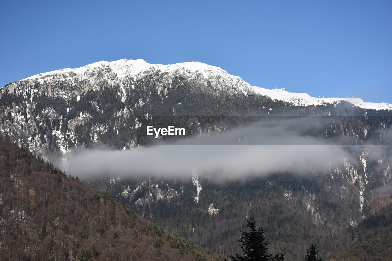 Scenic view of snowcapped mountains against clear sky