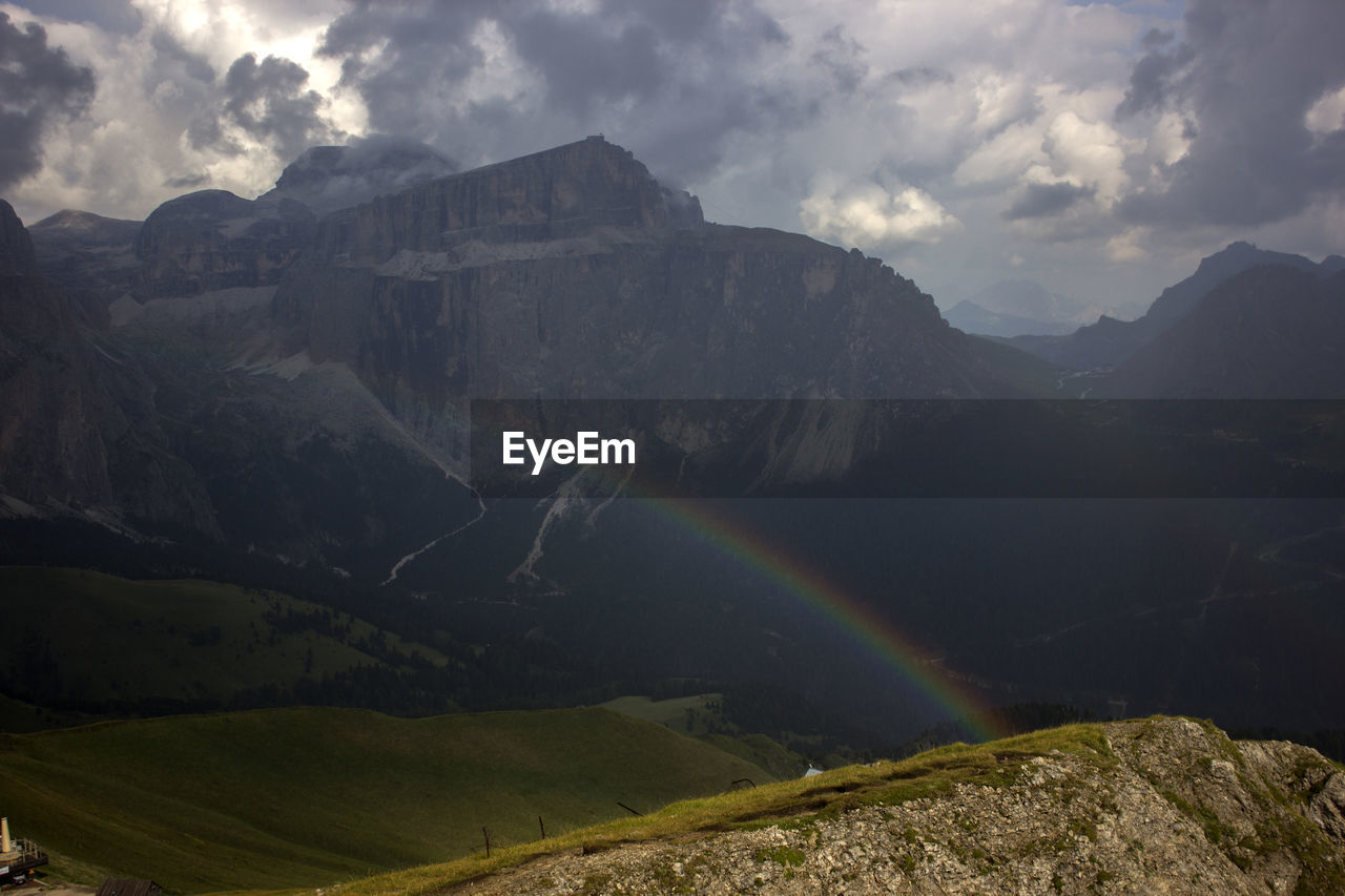 Scenic view of rainbow over mountains against sky