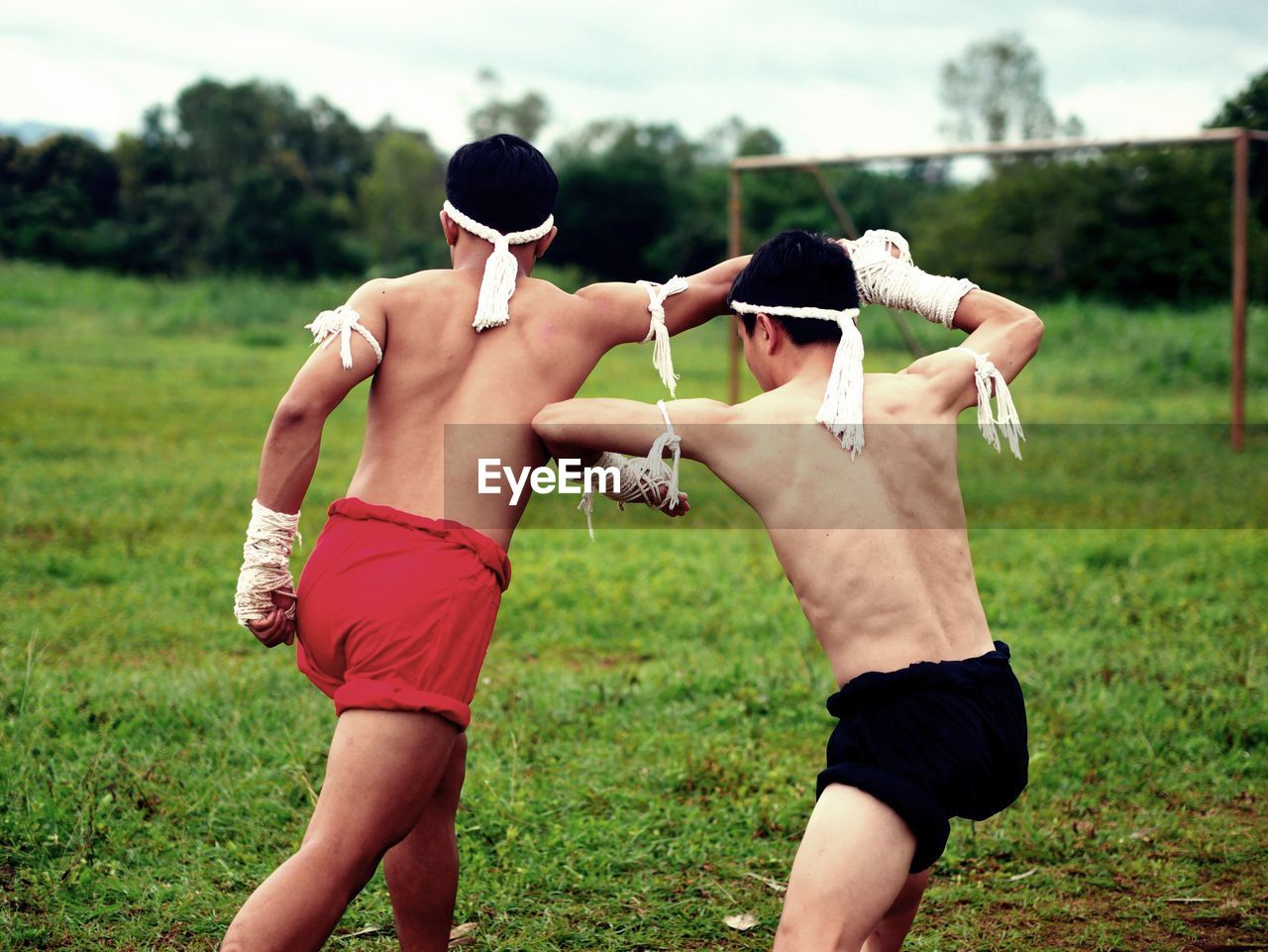 Shirtless male fighters practicing on grass against sky