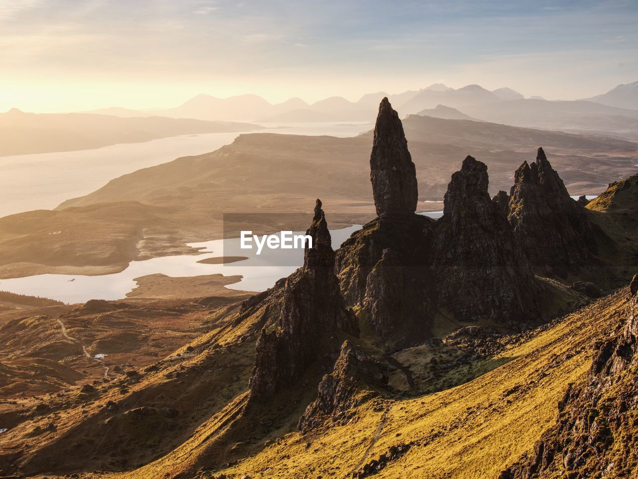 Sunrise at the old man of storr - amazing scenery with vivid colors. symbolic tourist attraction