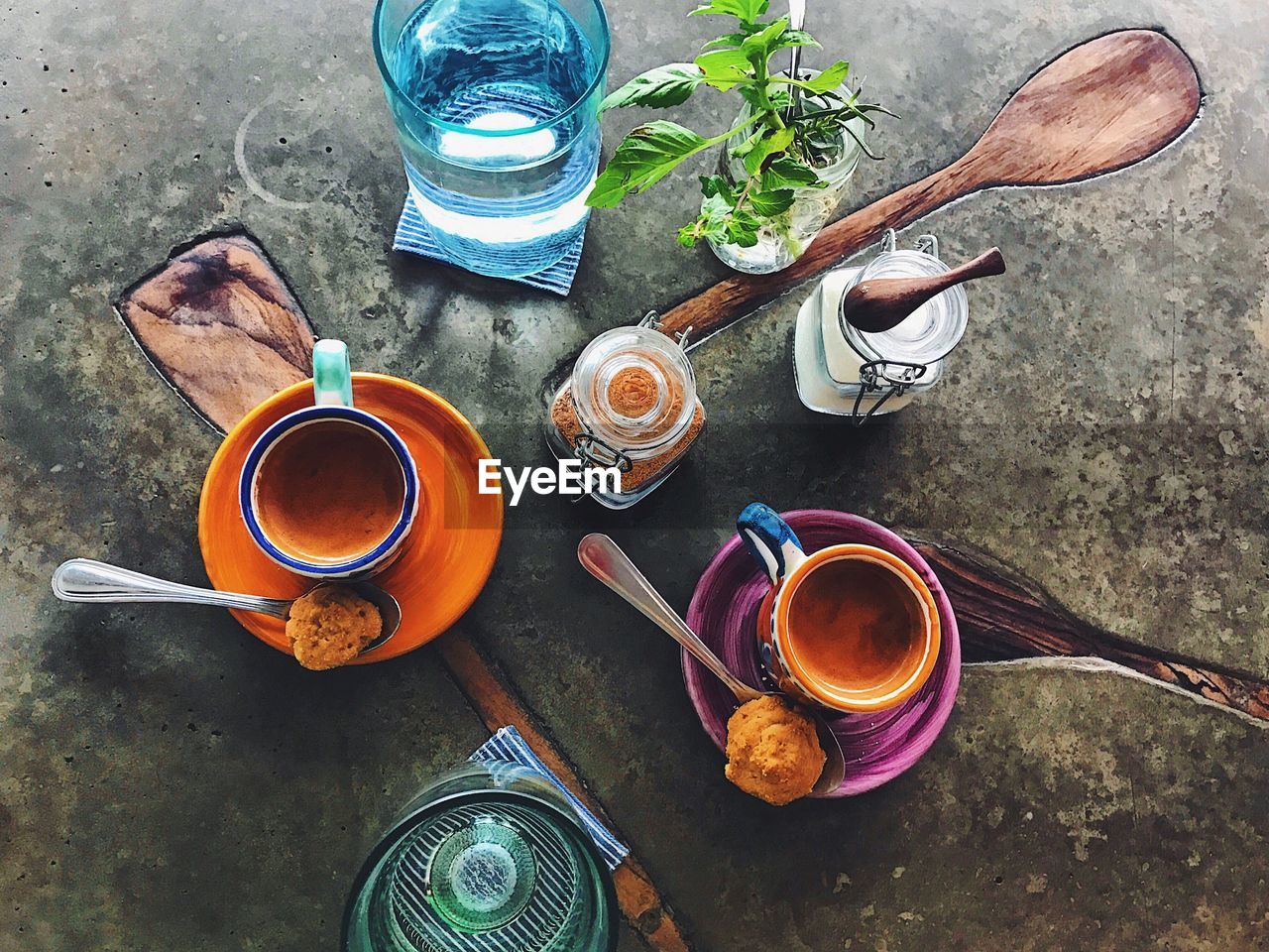 High angle view of breakfast served on table