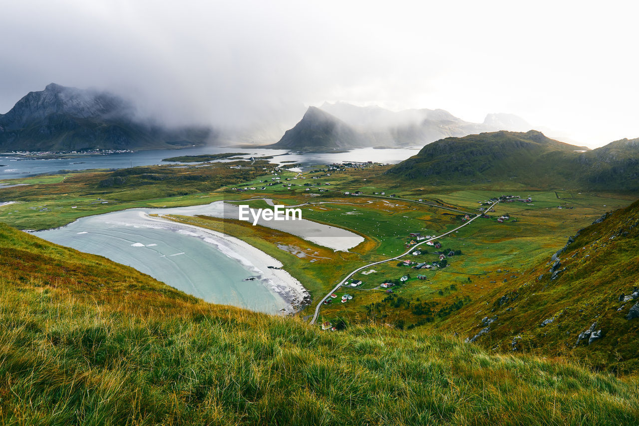Aerial scenic view of landscape, sea and countryside in moskenesoy lofoten norway