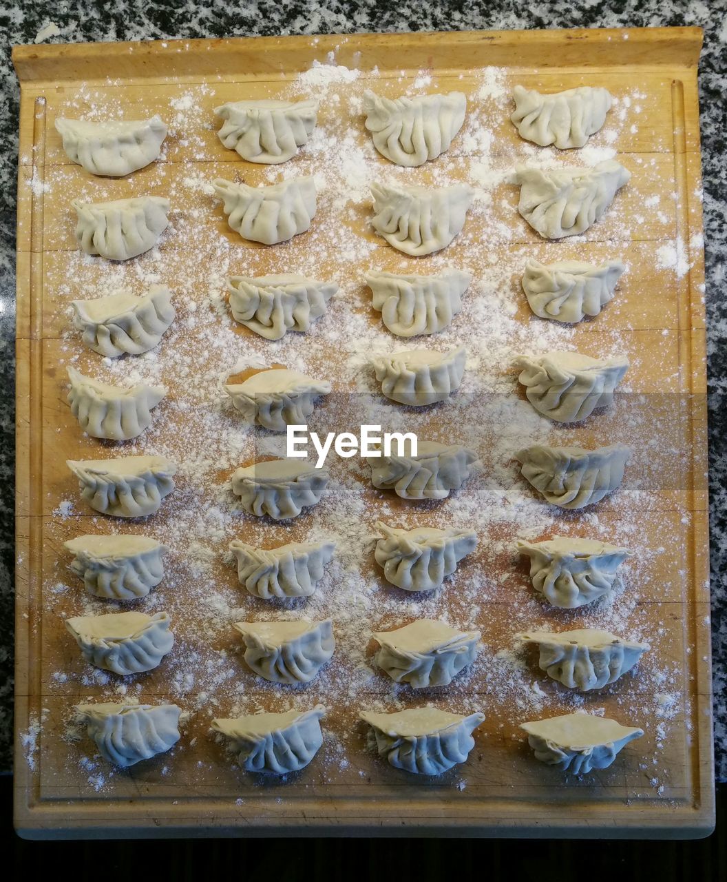 High angle view of homemade chinese dumplings.