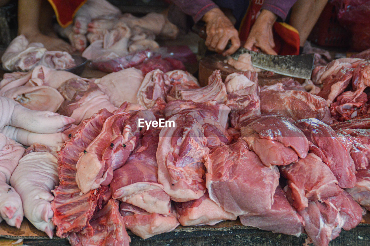 High angle view of meat for sale at market stall