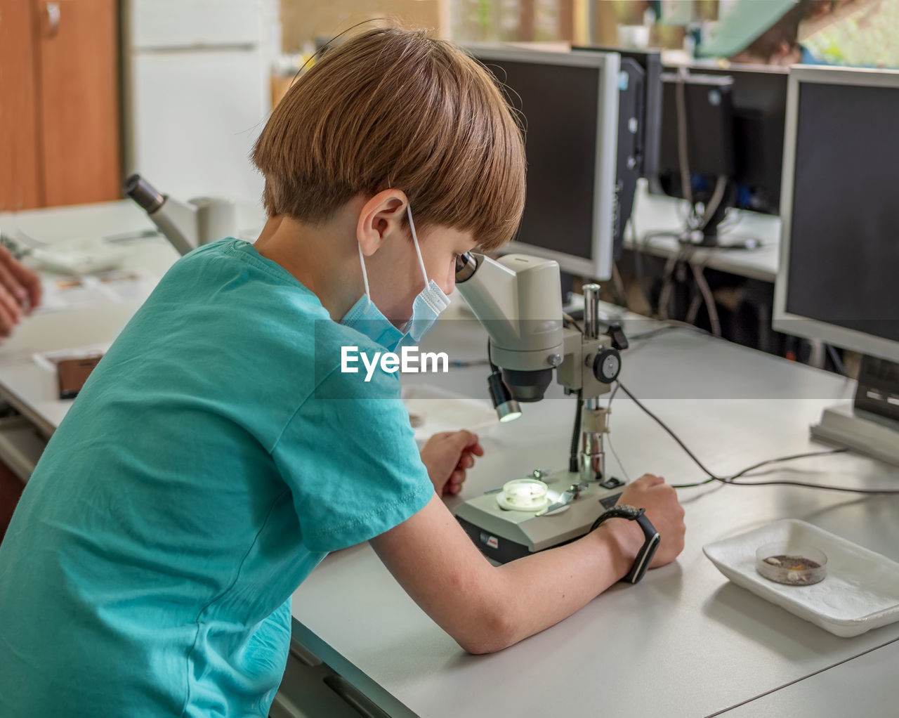 Boy examines the preparations under the microscope. classroom activities. practical lesson.