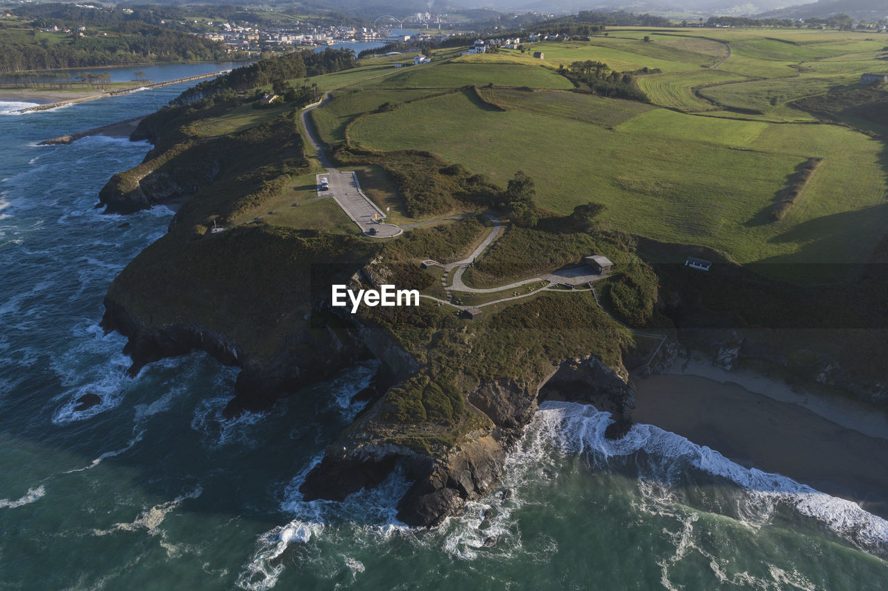 Ortiguera beach and navia from aerial view