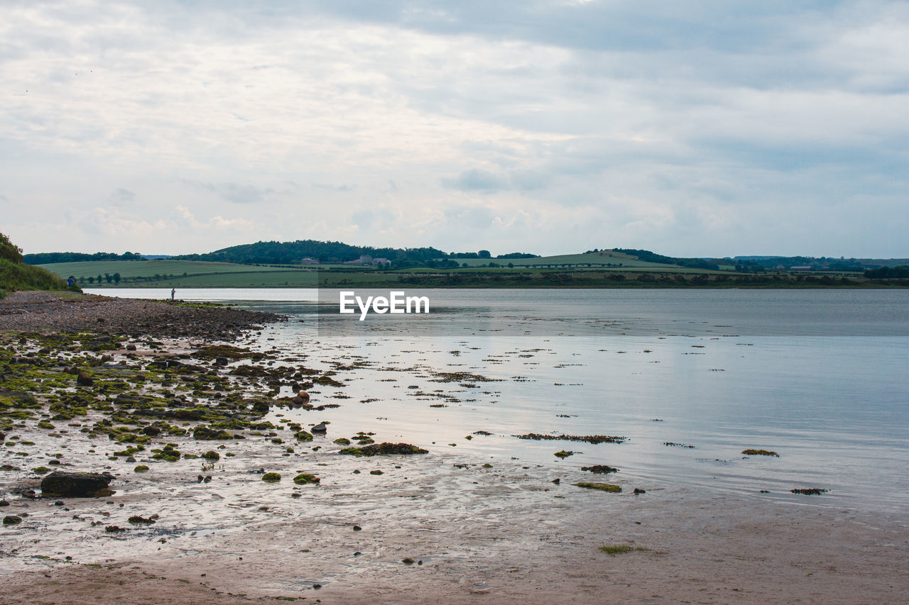 SCENIC VIEW OF LAKE BY BEACH AGAINST SKY