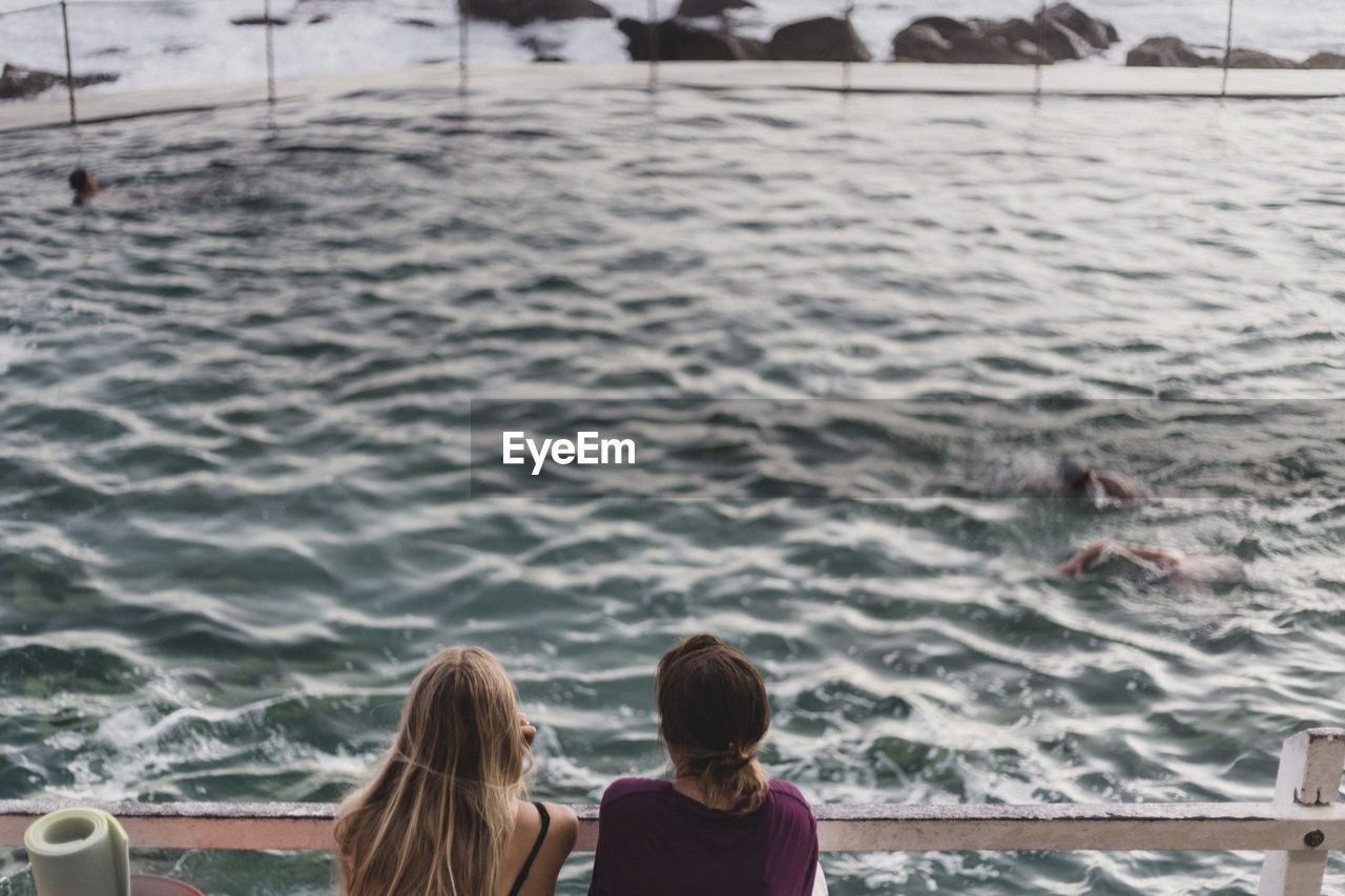 High angle view of women against swimming pool