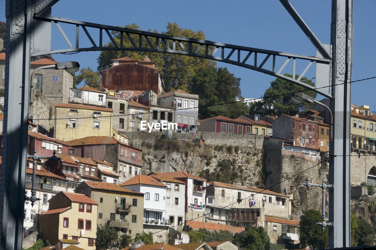 Buildings in town against clear sky