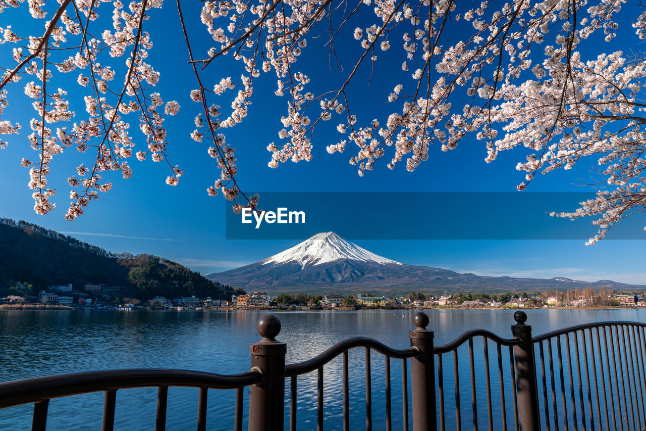 View of lake with mountain in the background against sky