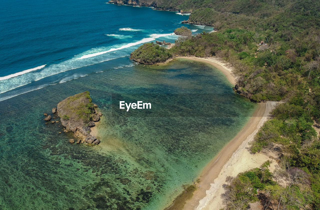 Aerial photo the beauty of kondang merak beach, malang regency