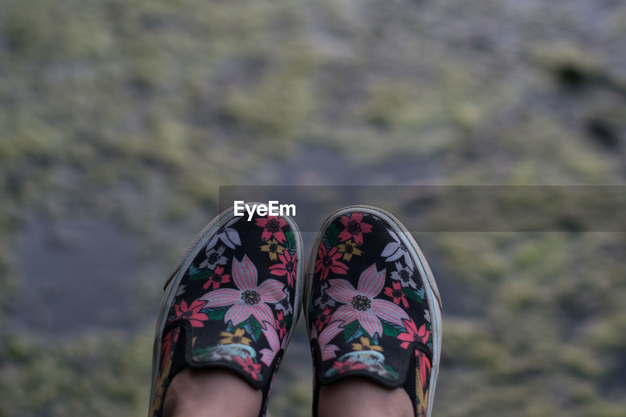 Low section of woman wearing shoes against blurred background