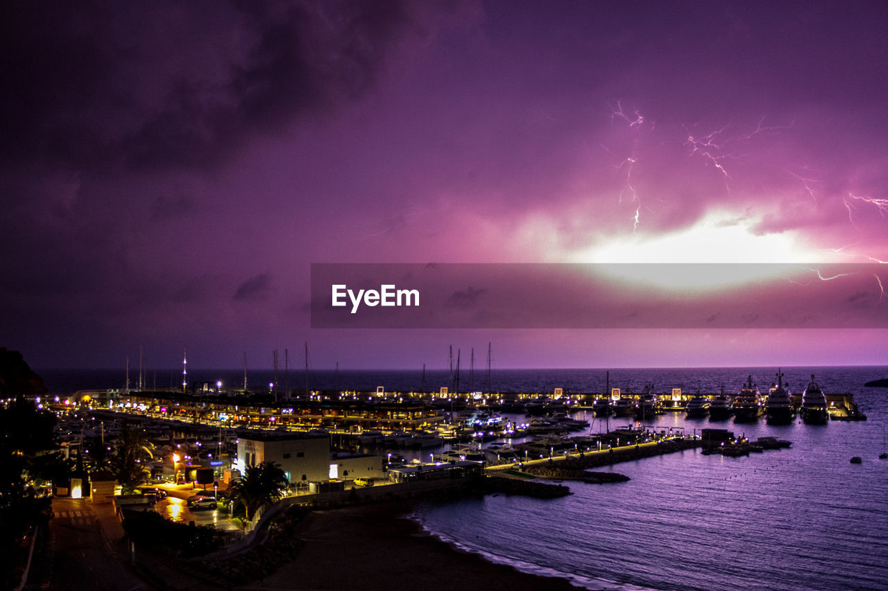 PANORAMIC VIEW OF ILLUMINATED CITY AGAINST SKY AT NIGHT