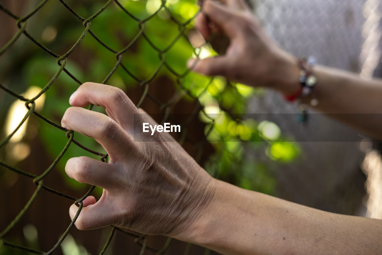 Close-up of man hand by fence