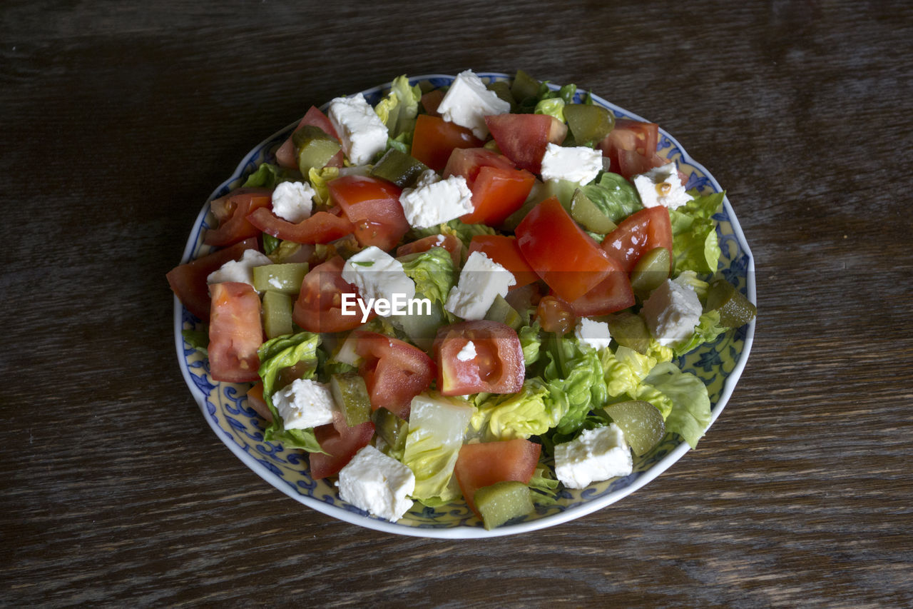 High angle view of salad in plate on table