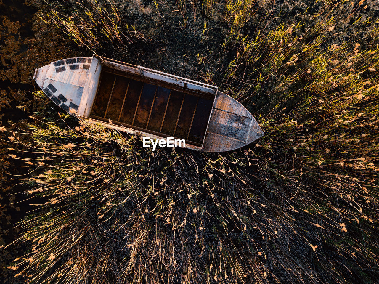 High angle view of abandoned boat amidst plants on field