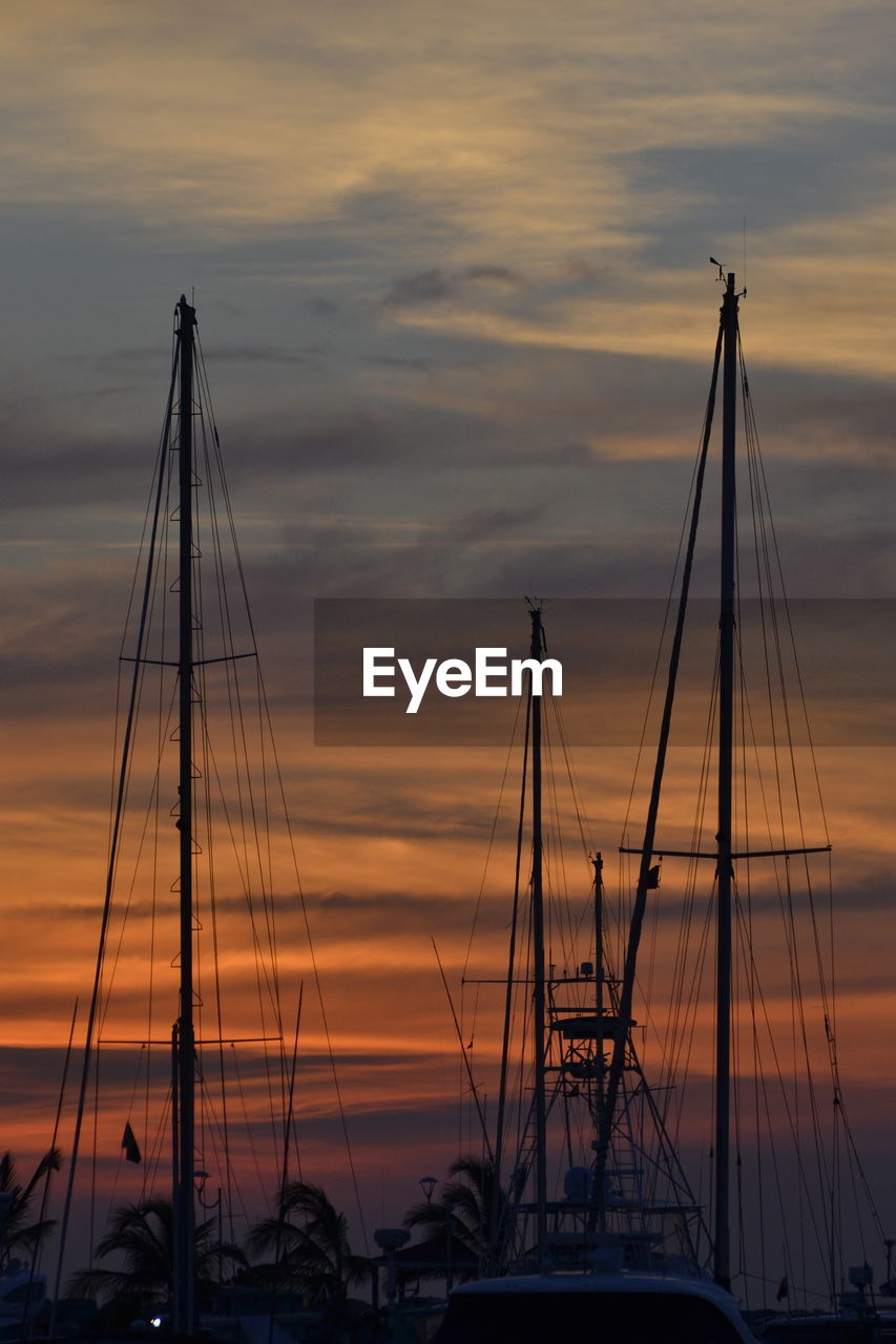 Silhouette of sailboats at harbor during sunset