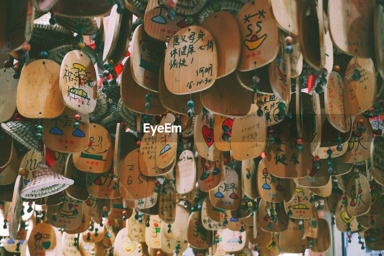 Full frame shot of wood hanging indoors