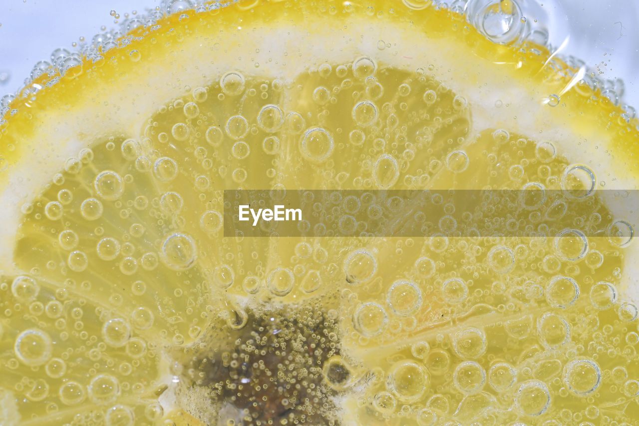 Close-up of a lemon slice in liquid with bubbles. slice of ripe lemon in water. close-up of fresh