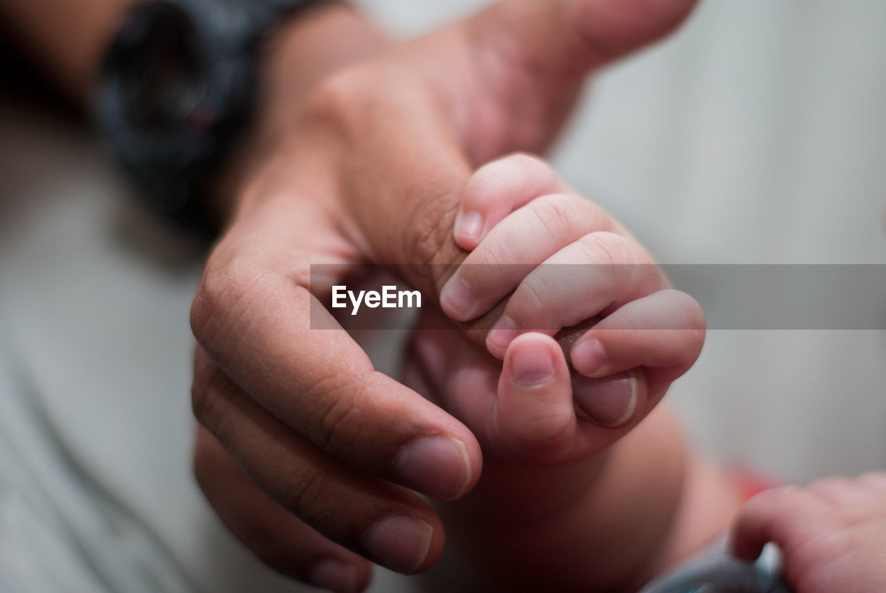 Close-up of cropped hand holding baby