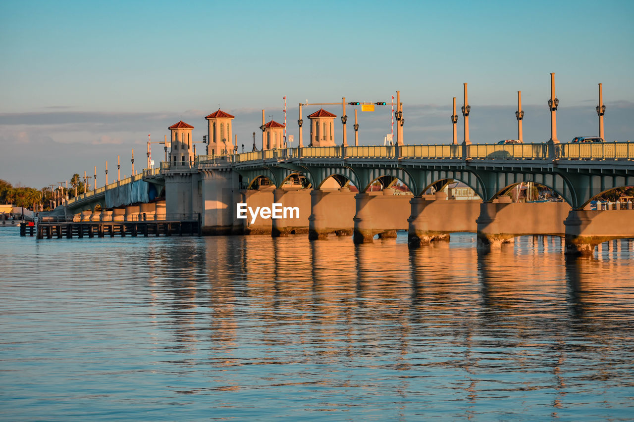 Bridge over river by buildings against sky during sunset