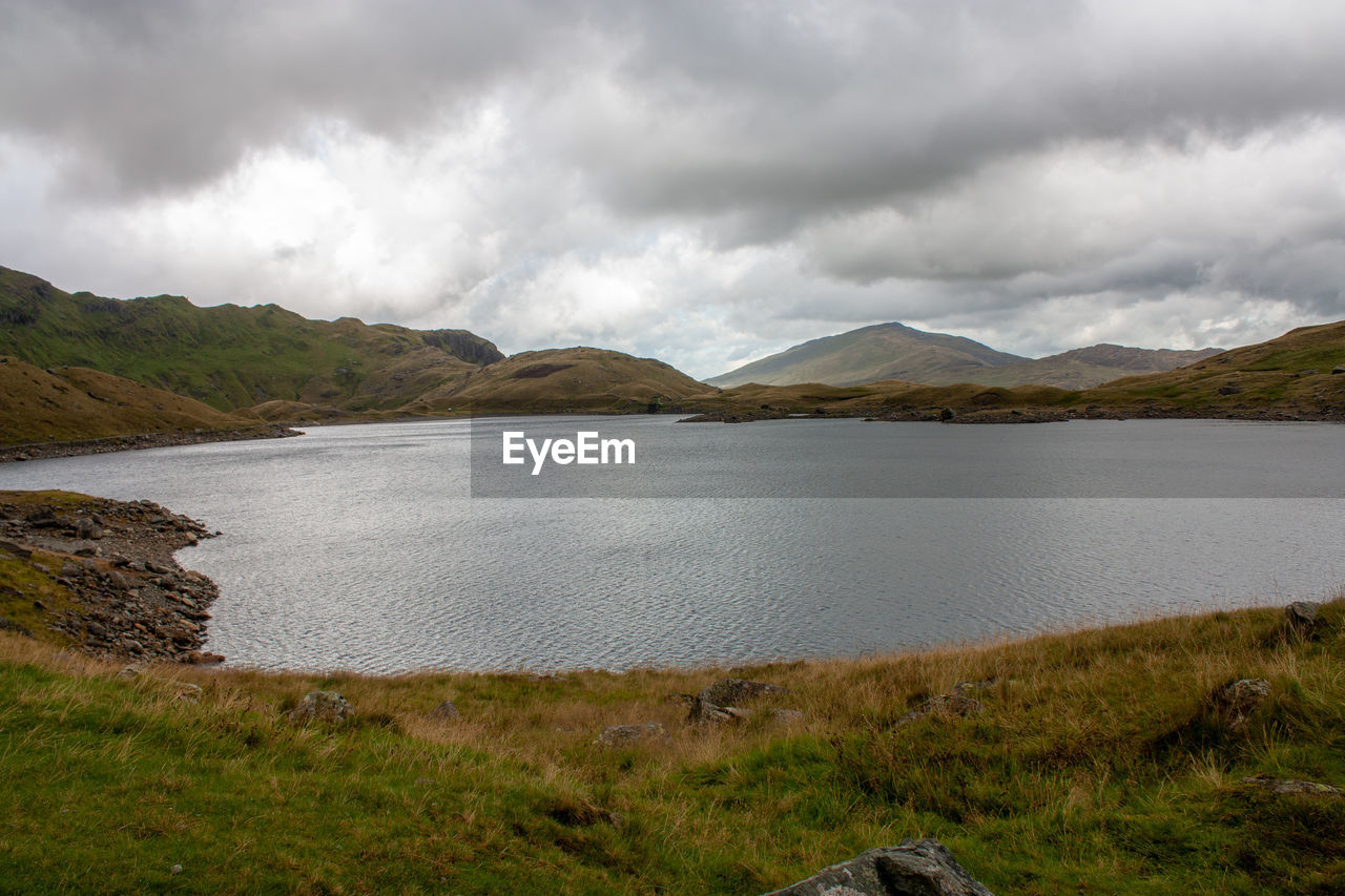 Scenic view of lake and mountains against sky