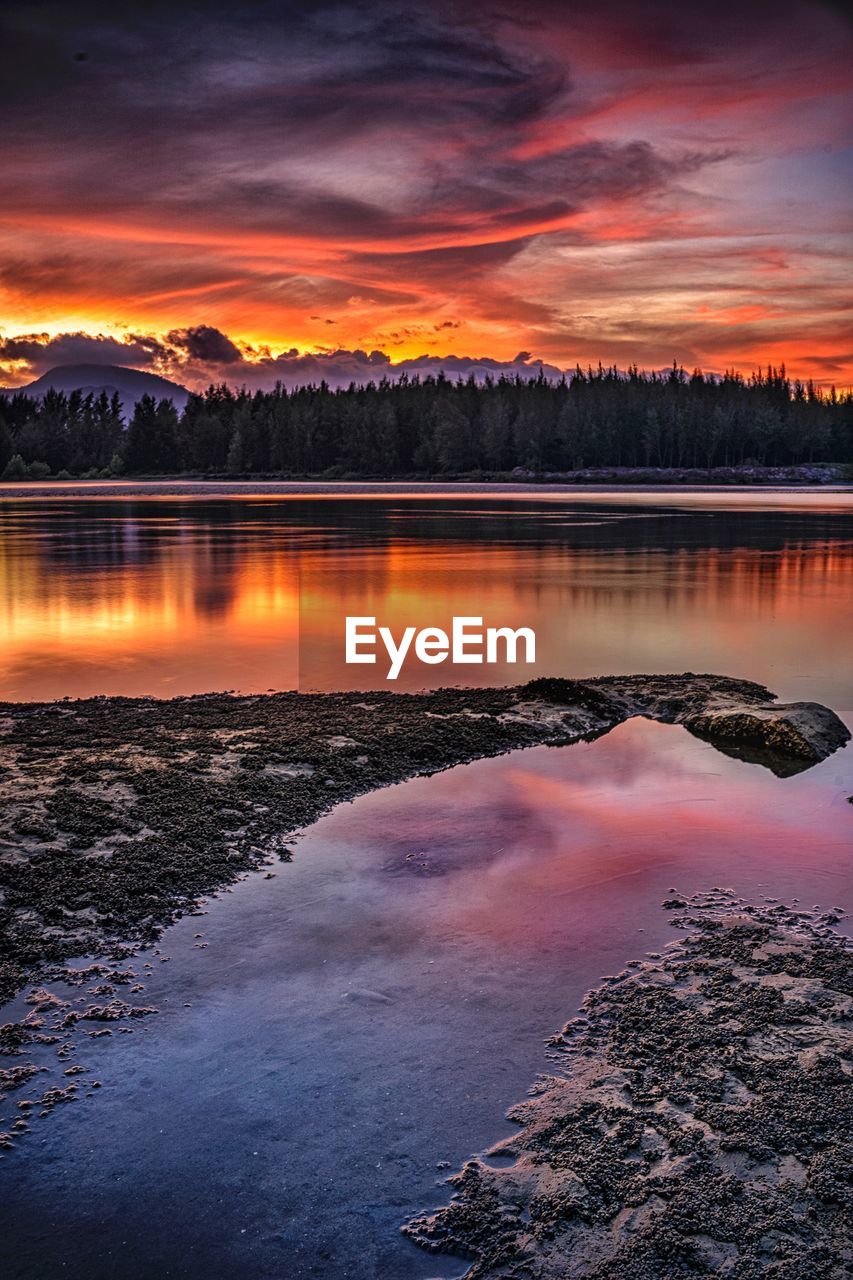 Scenic view of lake against sky during sunset