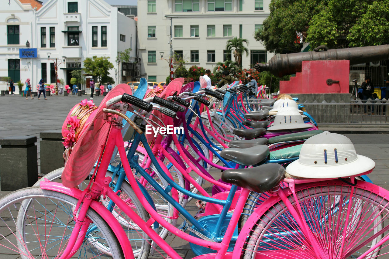 View of bicycles parked on street