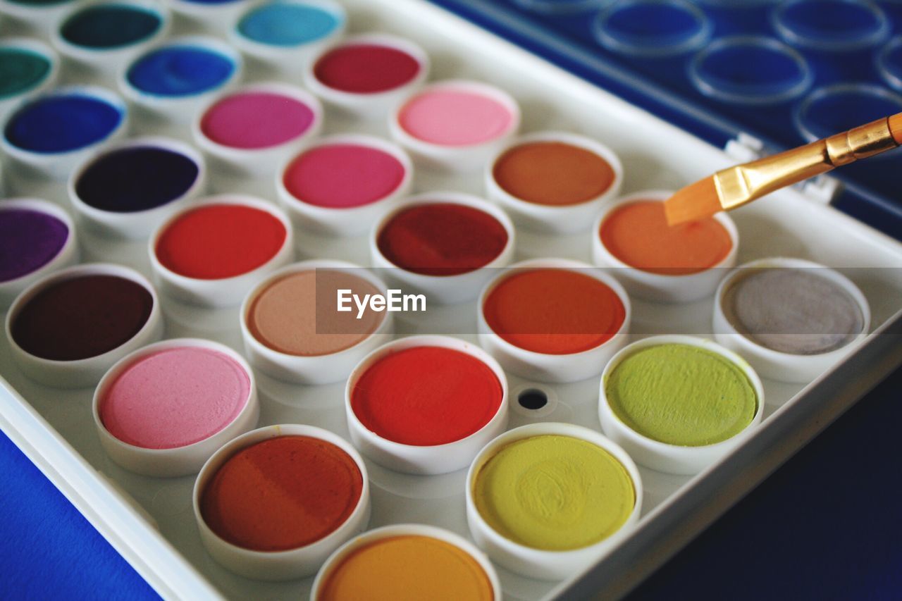 High angle view of watercolor palette 