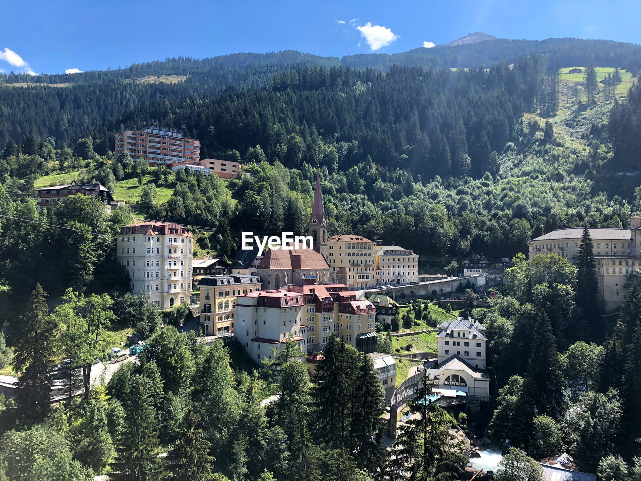 High angle view of trees and buildings in city