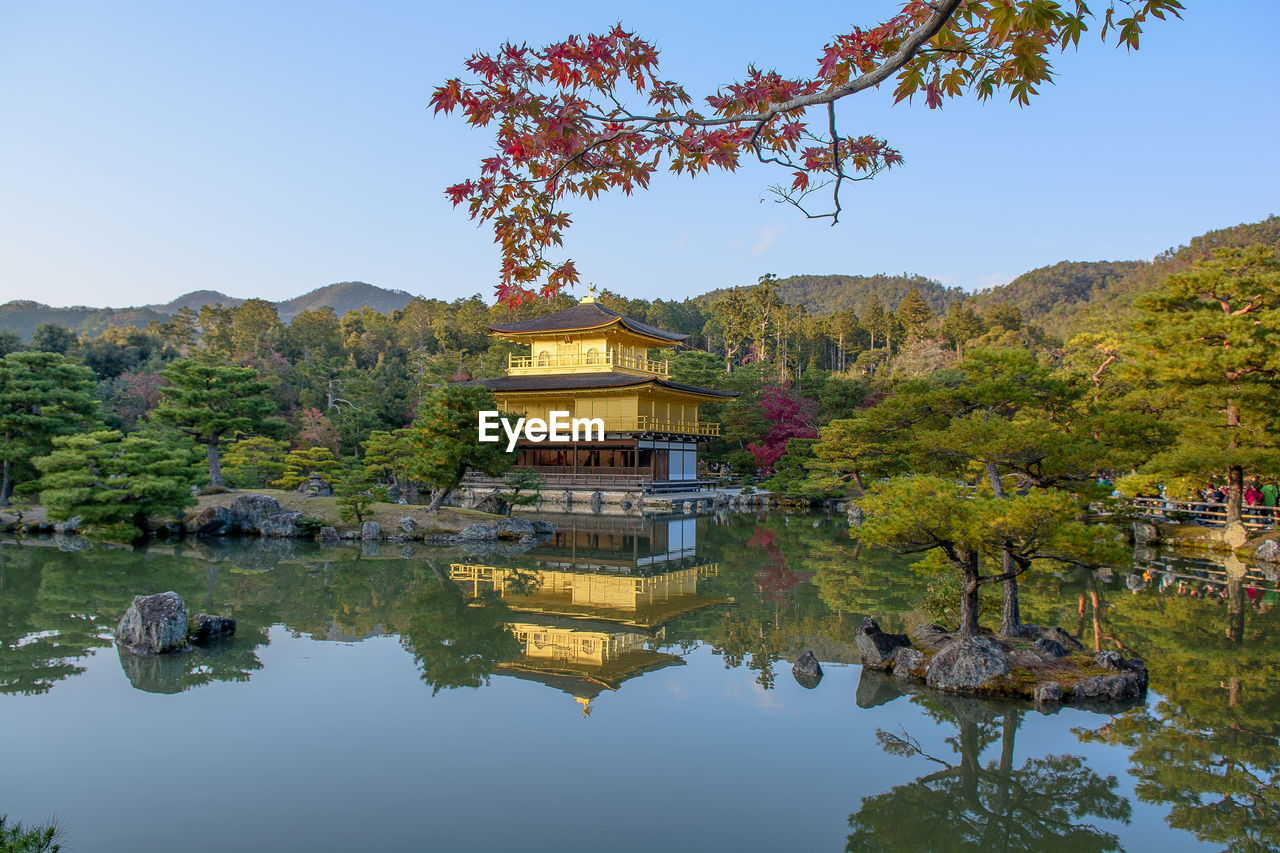 REFLECTION OF TREES AND BUILDING ON LAKE