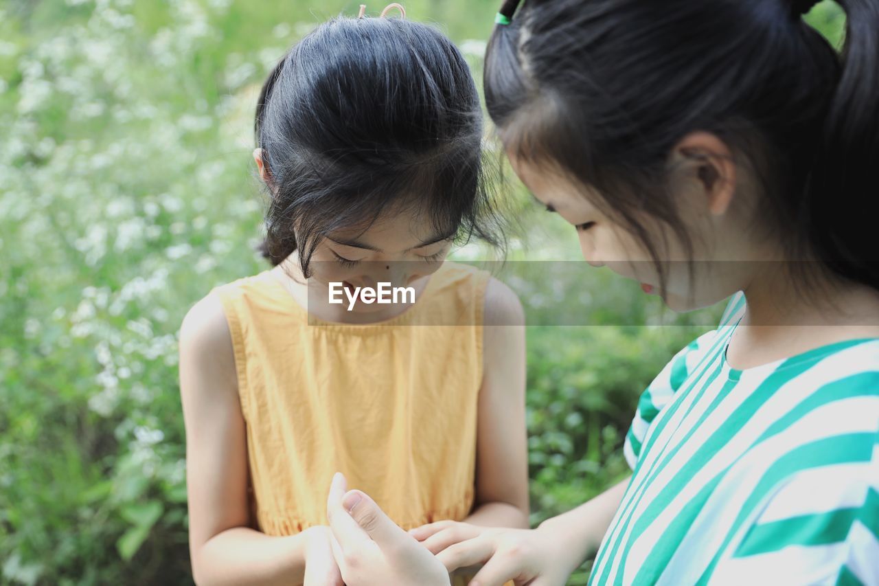 Smiling friends looking at hands against plants