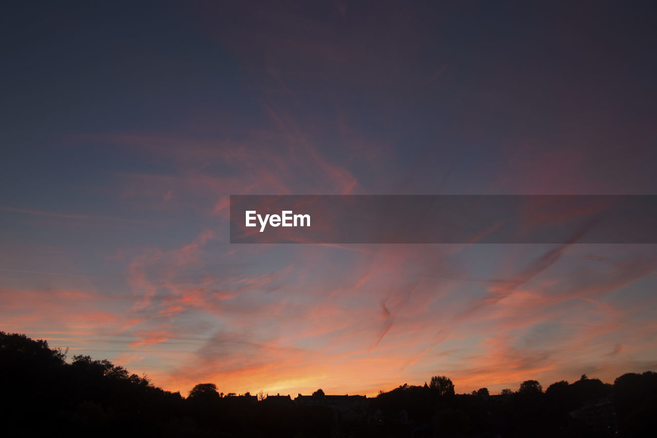 LOW ANGLE VIEW OF SILHOUETTE TREES AGAINST SKY AT SUNSET