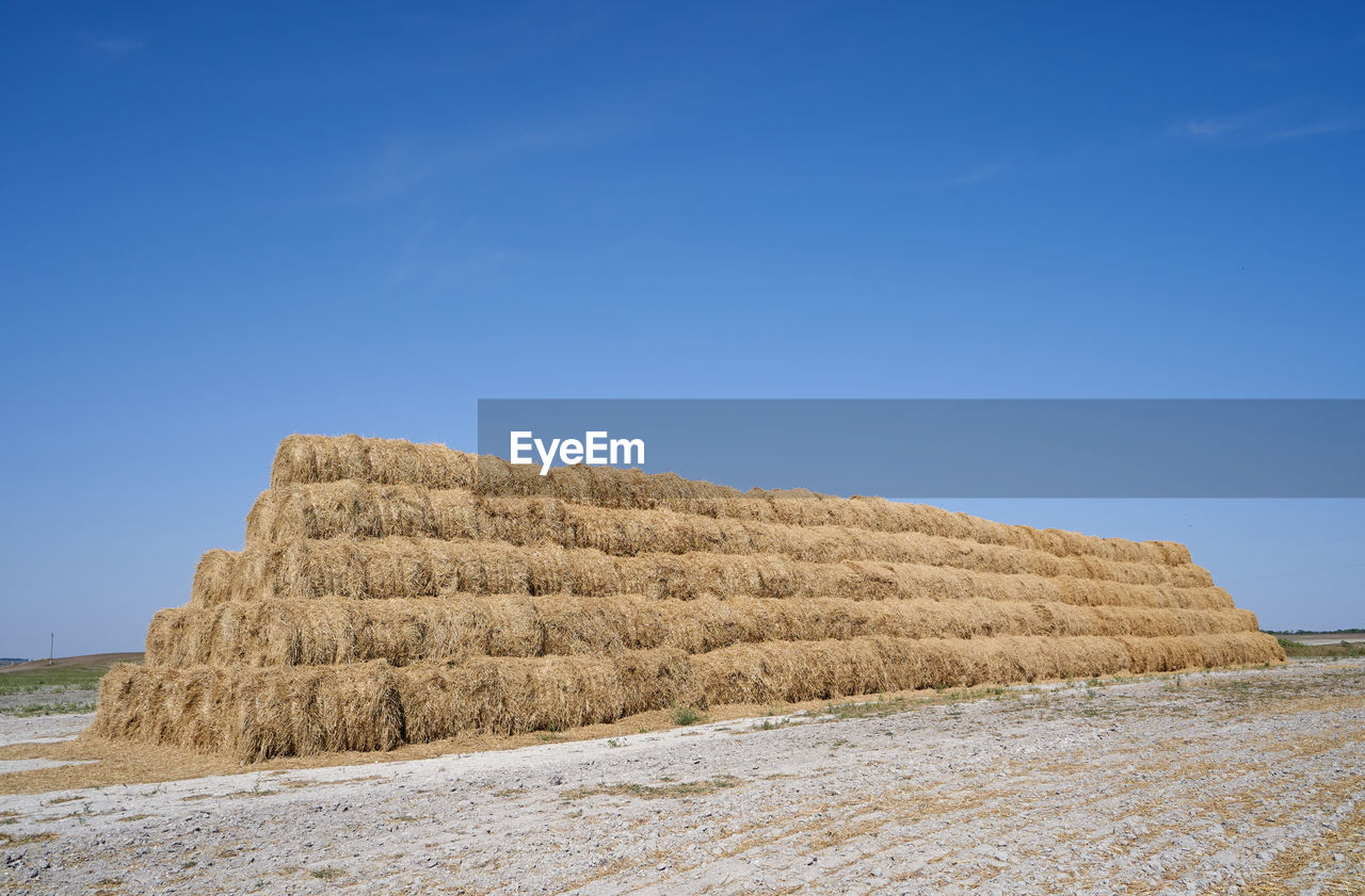 HAY BALES ON FIELD AGAINST CLEAR SKY