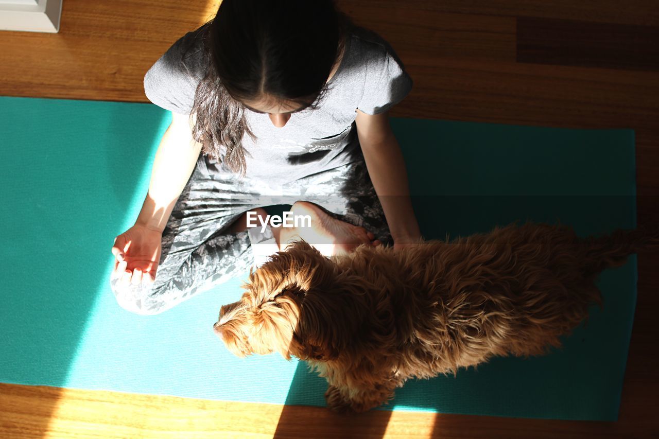 Full length of girl exercising by dog while sitting at home