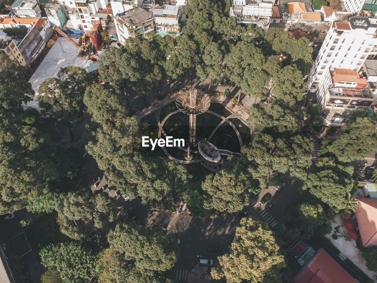 High angle view of trees and buildings