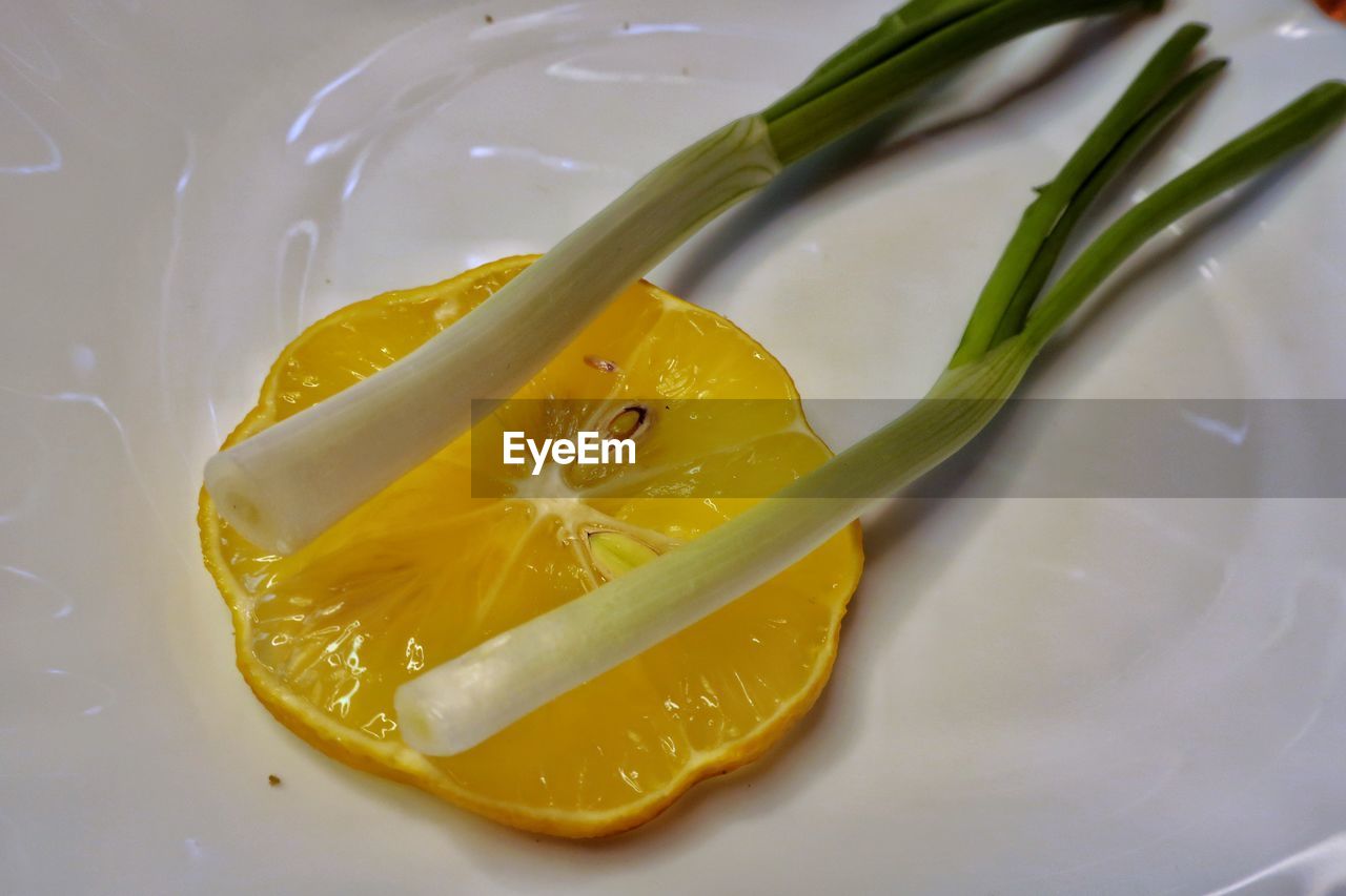 HIGH ANGLE VIEW OF LEMON ON TABLE