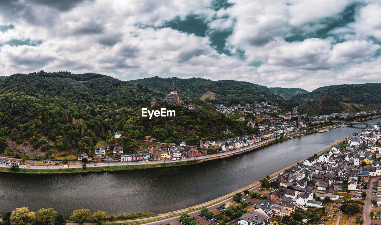 Panorama of cochem with the reichsburg cochem, germany. drone photography. 