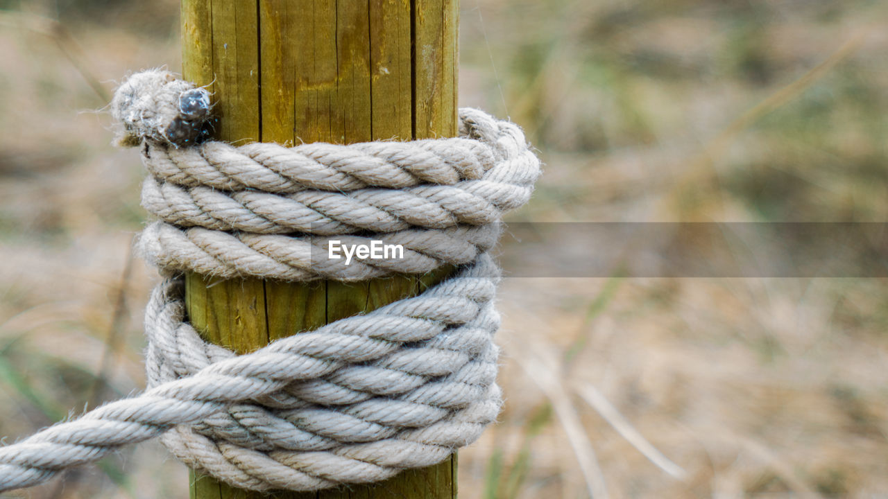 Close-up of rope tied on wooden post