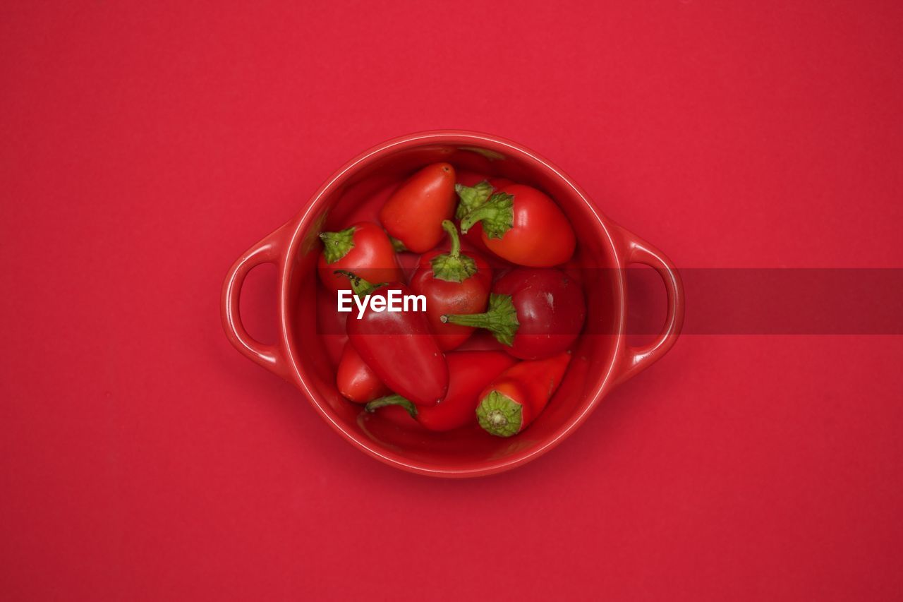 Directly above shot of chili peppers in bowl against red background