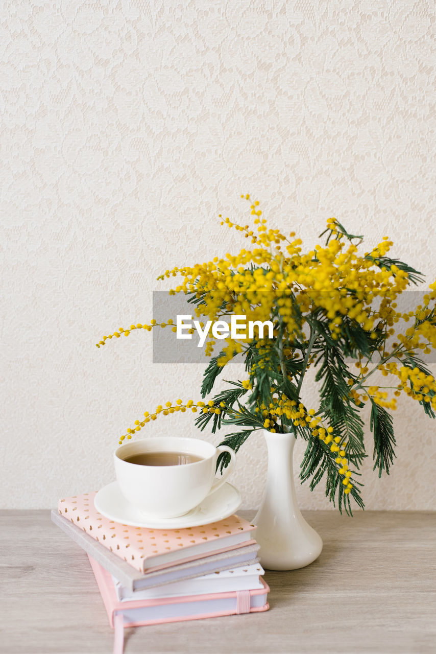 A beautiful composition of mimosa branches and a white tea cup with a saucer and a stack 