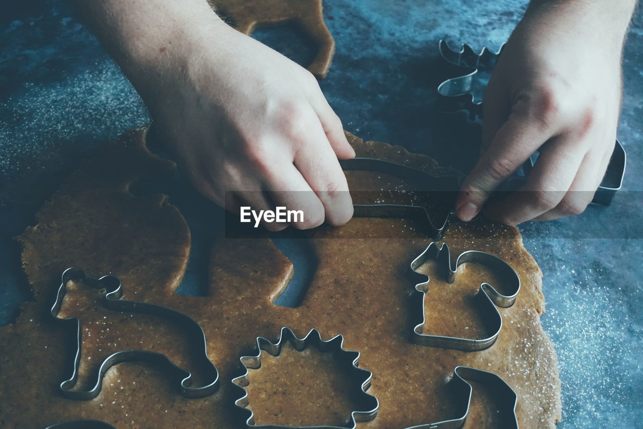 Close up of man baking gingerbread cookies for christmas