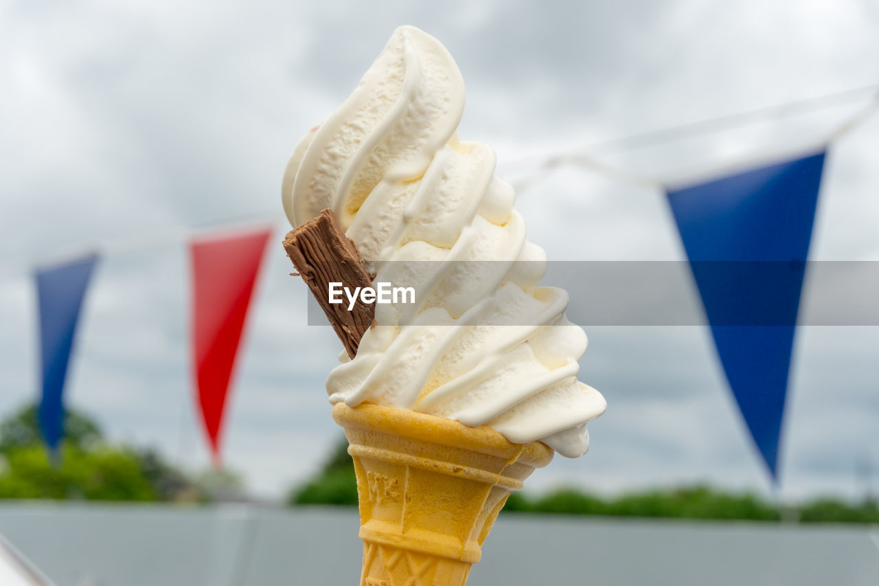 CLOSE-UP OF ICE CREAM CONE AGAINST WHITE BACKGROUND