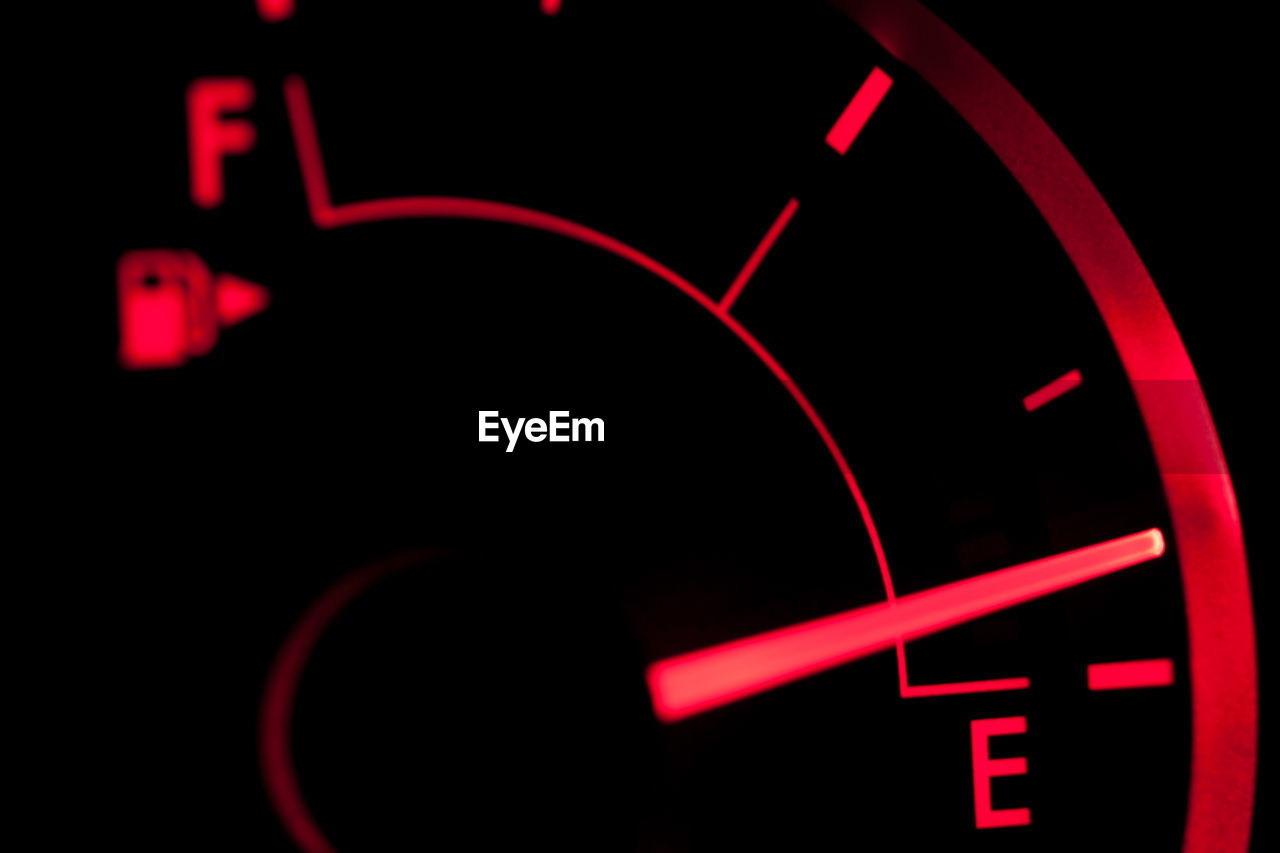 Close-up of fuel gauge in car