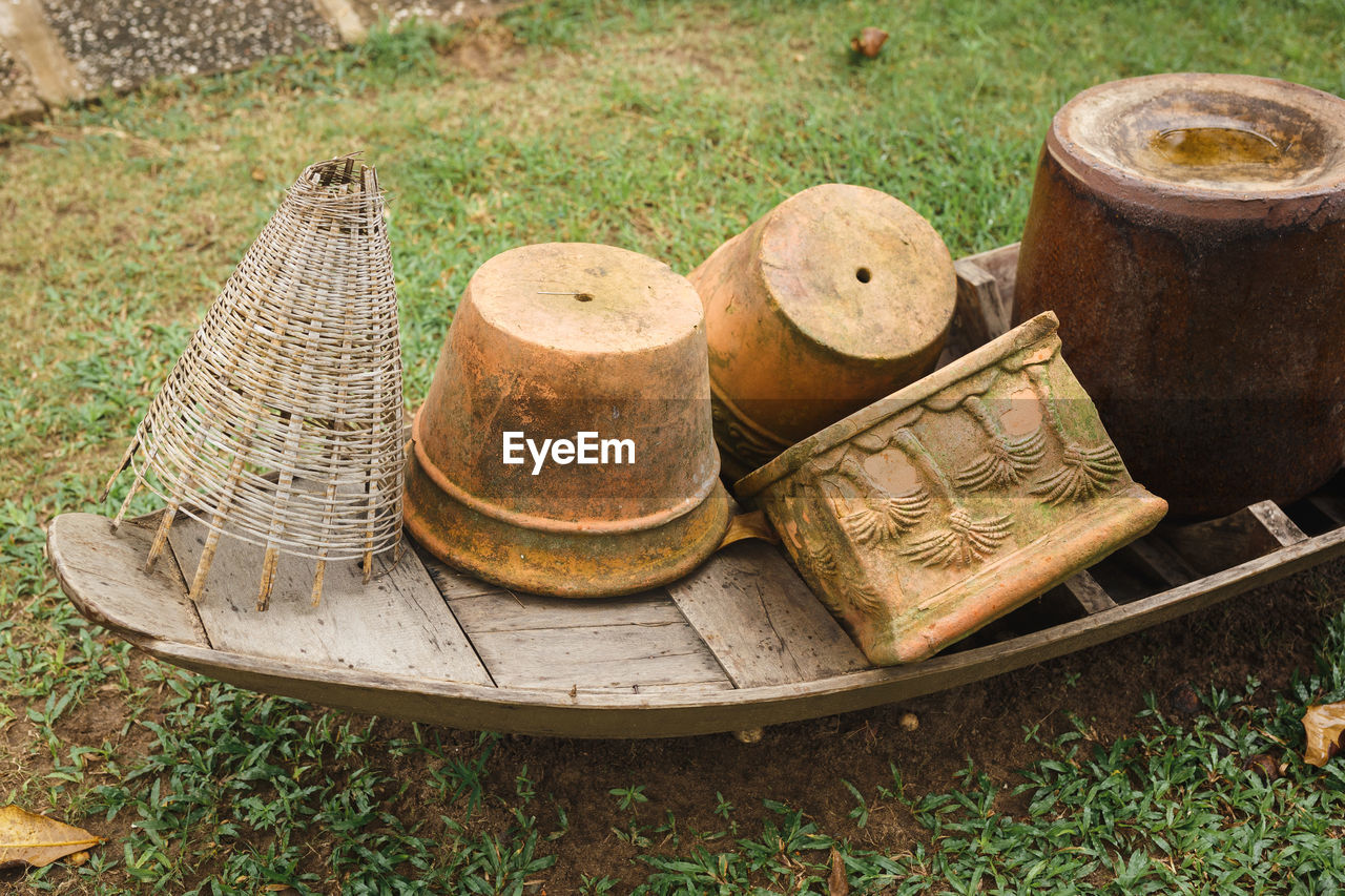 HIGH ANGLE VIEW OF OLD EQUIPMENT IN FIELD