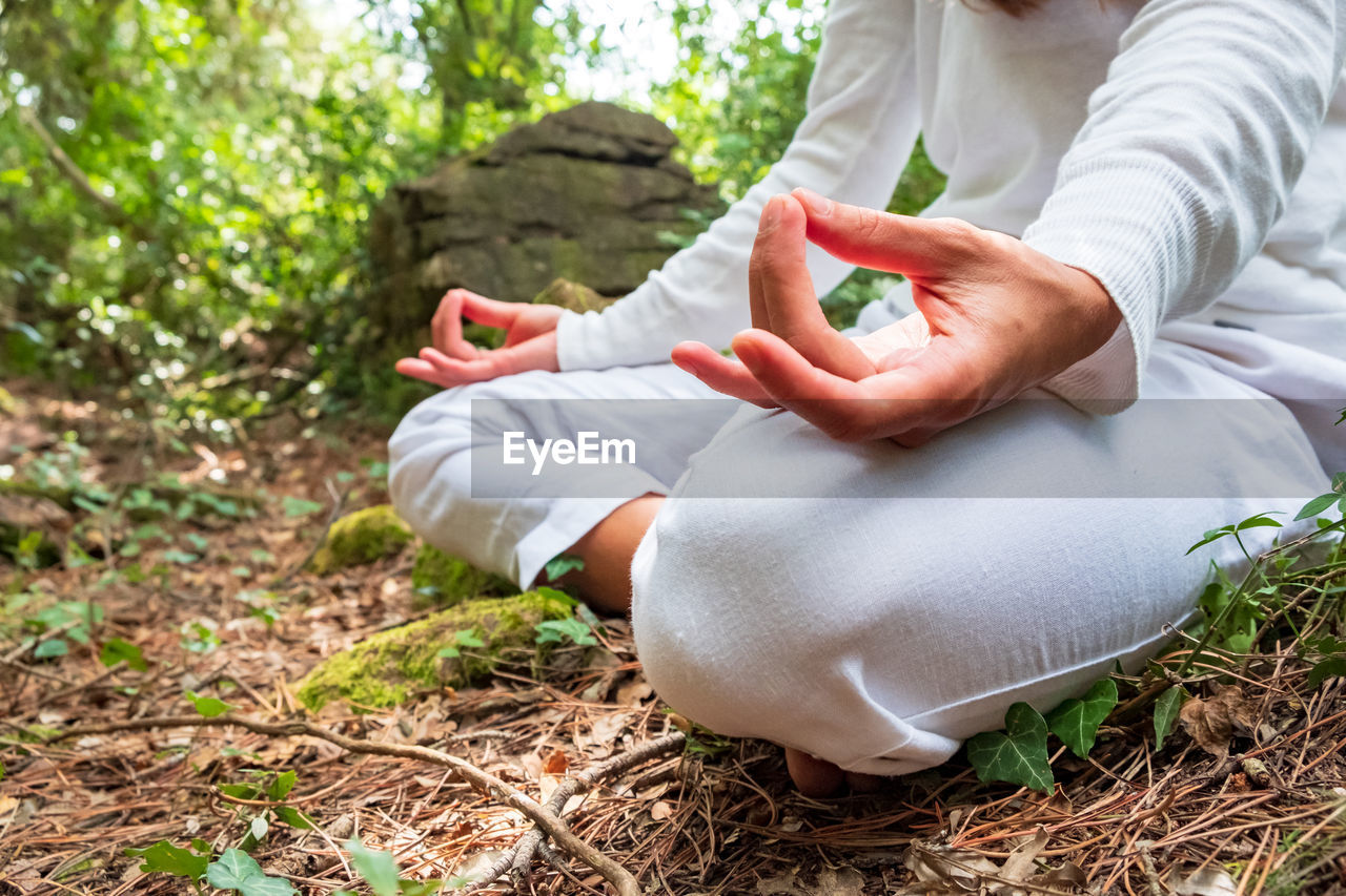 Midsection of woman meditating in forest