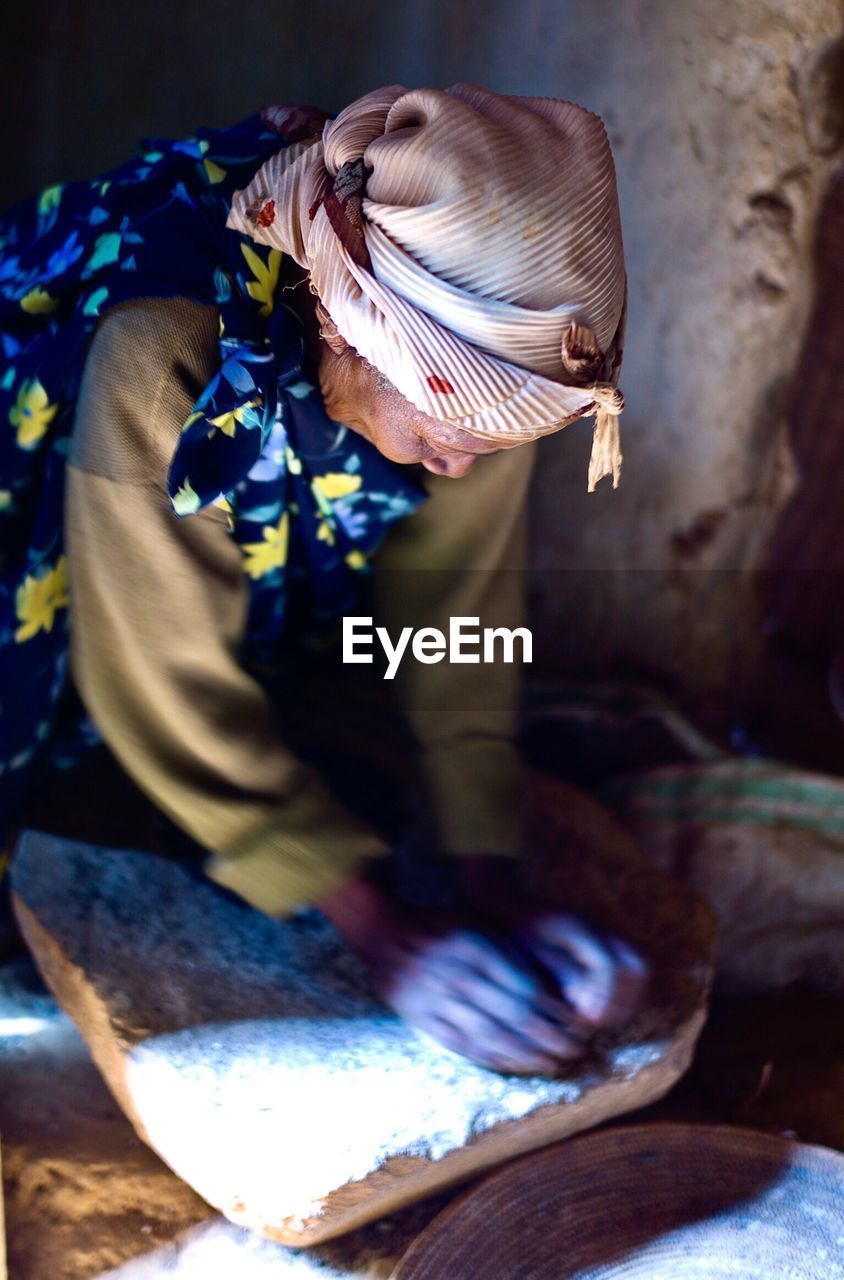 High angle view of woman working at home